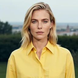 a portrait of a woman with blond hair, green eyes, yellow button up shirt, freckles, with background scenery by juergen teller, iris van herpen