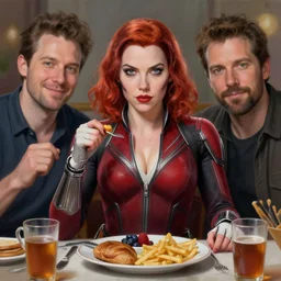 perfectly - centered - portrait of black widow having a breakfast, intricate, highly detailed, digital painting, artstation, concept art, smooth, sharp focus, illustration, realism, oil painting, unreal engine 5, 8 k, art by artgerm and dave rapoza and sam spratt