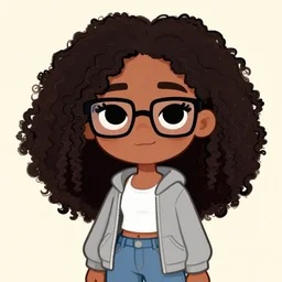 a girl with dark complexion, long, curly, afro hair, stylistic oval black eyes, half - frame square glasses, grey hoodie opened, white tank top, jeans, character art, cute, digital art, cartoon network, cel shaded, character art