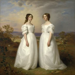 two beautiful girls wearing white dresses john martin landscape