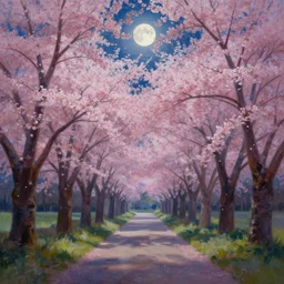 a beautiful painting of a path through a cherry blossom forest, volumetric lighting, moonlit by greg rutkowski and kalin popov, trending on artstation, masterpiece,