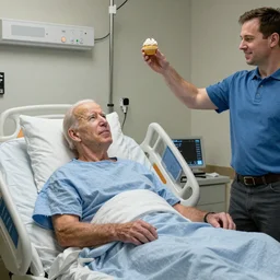 Joe Biden in the icu with a man throwing a cupcake at him