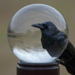 a crow looking into a crystal ball trying to see the future