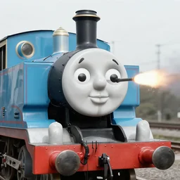 WW2 era photograph of Thomas the tank engine face on a 800mm German rail artillery Dora firing off a shot