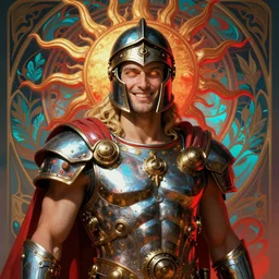 the pale blond sun god apollo smirking, imperial centurion helmet, full body shot, steampunk, glowing eyes, volumetric lights, red and cyan theme, art nouveau botanicals, intricate, highly detailed, digital painting, artstation, concept art, smooth, sharp focus, cinematic, illustration, beautiful face, art by artgerm and greg rutkowski and alphonse mucha