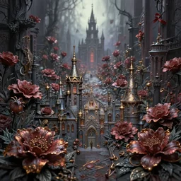 metropolis of flowers. airbrush and metallic paints by award - winning visual novelist, gothic horror, romanticism, intricate details, depth of field, backlighting