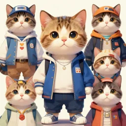graphic, hyperreal, portraiture illustration of a anthropomorphic ragdoll cat in different cool cosplay clothes, smiling, digital painting
