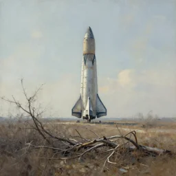 dreamy distant abandoned rocket ship, distant knotted branches, dry brush, impressionistic wash, extremely detailed