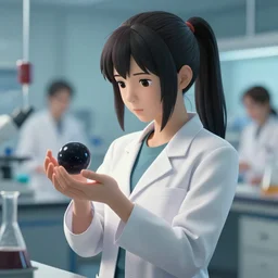 worksafe. insanely detailed. by wlop, ilya kuvshinov, makoto shinkai, cushart krentz, greg rutkowski, pixiv. zbrush sculpt, octane, maya, houdini, vfx. a beautiful young female scientist holding a small black hole in her hands, laboratory in background, ponytail. elegant, sharp focus, morandi color scheme, illustration, high quality, digital art