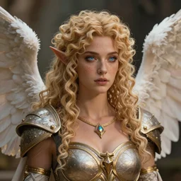 complex 3 d hyper realistic smooth ultra sharp render of a gorgeous high elf princess paladin warrior goddess of beauty | tanned skin, curly dirty blonde hair, freckles, angel wings, luminescent eyes | d & d, medieval, fantasy | breathtaking, divine, serene | art by oh jinwook + 吵 集 仁 儿 on artstaion + takeshi obata + alphonse mucha