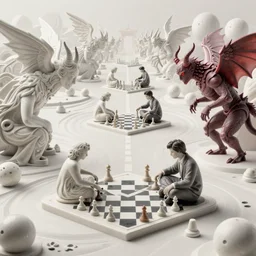 street view of an angel and a demon playing chess with humans!!!!, fantasy landscape made of fractals facing each other, ultra realistic, wide angle, intricate details, the fifth element artifacts, highly detailed by peter mohrbacher, hajime sorayama, wayne barlowe, boris vallejo, aaron horkey, gaston bussiere, craig mullins