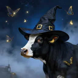 a detailed matte painting of a cow wearing a witch hat, viewed in profile, glowing moths and fog in the background, starry night, black and blue color scheme with gold highlights, in the style of discworld and harry potter, 8 k