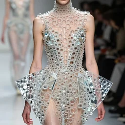iris van herpen haute couture collection central piece coated thousands of glass bubbles with transparent silicone to form a bioluminescent prism around the body as a glass dress, the bubbles are arranged into a high - necked, sleeveless bodice and extended out from the waist into a skirt, expert photography sigma 8 5 mm f _ 8, high detail