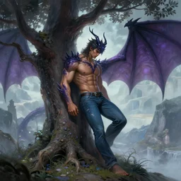 god of magic musclebound shadow demi - dragon man wearing jeans leans against a magical tree on a mountain romance novel fantasy artwork epic detailed and intricate digital painting trending on artstation by wlop octane render