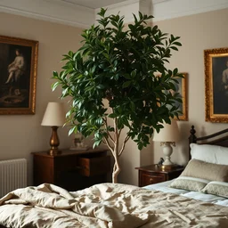 a plant of ficus religiosa in a bedroom in london in the style of 1 9 th century botanical art
