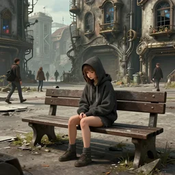 sadie sink in hoodie sits on bench in ruined square, pedestrians walk by, steampunk tenement windows in background. storyboard, scifi cyberpunk. by gabriel hardman. cinematic atmosphere, detailed and intricate, perfect anatomy