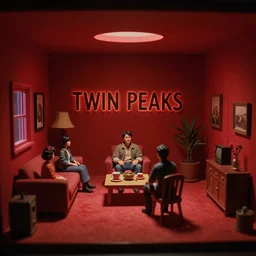 Still frame the retro Twin Peaks, depicting the red room scene from Twin Peaks, made by doll miniatures diorama, directed by Nobuhiko Obayashi