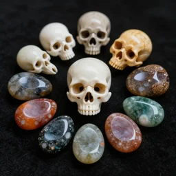 material study, beautiful, colorful, strange exotic gemstones in shapes of skull, sharp focus, highly detailed, 4 k, black background