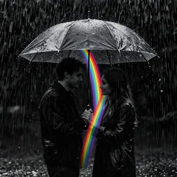 umbrella under a heavy rain, a couple under the umbrella, a rainbow comes from the umbrella and goes down, between the couple, high contrast, black the background is very dark and without color, unreal engine 5, artstation winner, 8k, octane render, impressionist post effect applied
