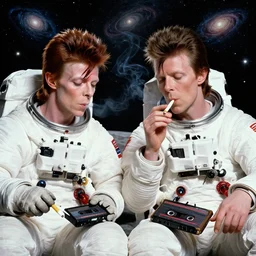 close up portrait of david bowie and astronaut major tom, sit on the dark side of the moon, listen to pink floyd on an old cassette recorder and smoke a joint, enjoying the contemplation of deep space with millions of galaxies : by kaburagi kiyokata and android jones, visually stunning, cinematic,