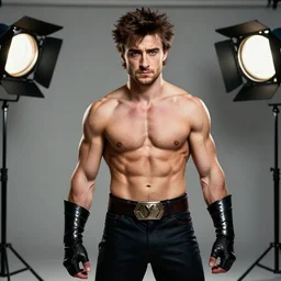 annie leibovitz style photoshoot of a ripped, hyper muscular daniel radcliffe as x - men's wolverine, studio lighting 5 0 mm