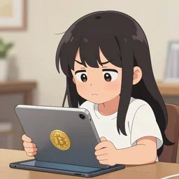a female anime girl that is 5 years old pouting using a ipad while checking her crypto