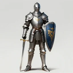 a professional full body, character design sketch of a tall knight in full knight armour while holding a long sword and big shield