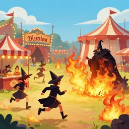 young student witches running through small carnival amusement on fire, sorcerer dark evil wizard attack battle, inferno flames, food stalls, big top circus tent, roaming entertainers, flashing lights, highly detailed, magical, japan mountains, digital painting, concept art, matte, art by ruan jia and wlop and greg rutkowski and makoto shinkai, masterpiece