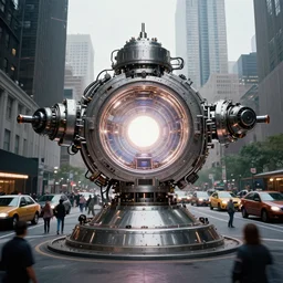 teleportation machine in a city, with people and cars around it, the machine itself is a large metal contraption with a bright light in the center by stephen gammell