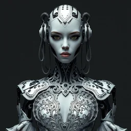 portrait of beautiful female robot super model wearing a detailed dress, perfect symmetrical pose, sharp, by irakli nadar with intricate detailed wearing silver victorian dress designed by alexander mcqueen and rocky gathercole, haunting, elite, elegant, ruan jia, dark, hyper detailed, concept art, intricate, detailed