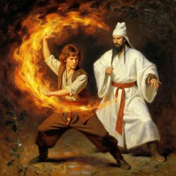 frodo baggins firebending as fire lord ozai, russian impressionism oil painting, 4 k, beautiful painting, by konstantin korovin, elijah wood, traditional fire nation clothing