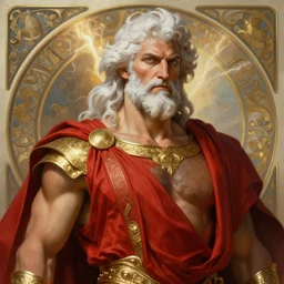 painted portrait of rugged zeus, god of thunder, greek god, white hair, masculine, mature, handsome, upper body, red and gold, muscular, chest hair, fantasy, intricate, elegant, highly detailed, digital painting, artstation, concept art, smooth, sharp focus, illustration, art by gaston bussiere and alphonse mucha