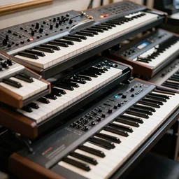photo still of a rack of keyboard synthesizers, 8 k