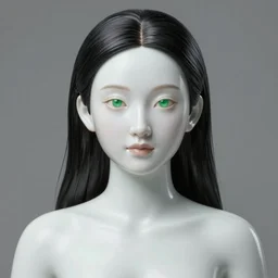 complex 3 d render, ultra detailed, realistic photo of a beautiful porcelain skin woman, oval shape face, black long hair, full body, detailed green almond eyes shape, plump lips, beautiful, studio photo, proportional