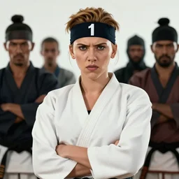 scarlett johansson with angry expression, wearing the number 1 headband, surrounded by 3 bandits in a dojo, she is holding a samurai sword ready to fight. 3 comic panel fight scenes. dramatic lighting, the boondocks anime style, pencil and ink manga drawing