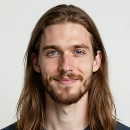 caucasian face, long brown hair, bad skin, beard, skinny, blue eyes, smiling, ultrarealistic