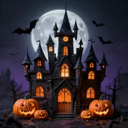 halloween scary castle, dark theme, reliastic, pumpkin and bats, 4 k hd