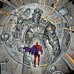 muscular man in red superhero costume with flowing purple cape hovers in the air in the foreground facing away from the camera, magneto, in the background a massive metal silver moon has a massive explosion destroying it, death star, cinematic, graphic novel, matte fantasy painting, 4k, DeviantArt Artstation