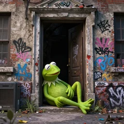 street graffiti of kermit the frog sleeping in the doorway of an oppressive evil building. octane render 4 k