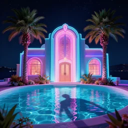 night time neon, Art Deco, in SANTORINI island, palm trees, crystal clear neon water, starry night, Trending artstation, octane render, cgsociety, surrealist, cinematic, shadow of the tomb rider