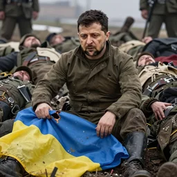 Volodymyr Zelensky  at war,  dressed like  Napoleon Bonaparte, his clothes are torn and dirty, he is sitting between dead corpses and weeping, holding a half burnt blue and yellow flag of Ukraine, by Francisco Goya