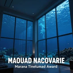 interior architecture, huge windows looking into the Mariana Trench, deep underwater, tall ceilings, blue lighting, dim