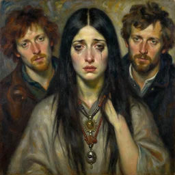portrait of a crying female shaman goddess wizard, oil on canvas, by jeffrey catherine jones and denis sarazhin and mucha