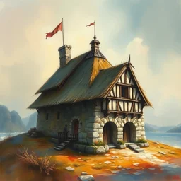 abstract watercolor painting of hedonic scandinavian king house, in stone, straw roof, war lord, magical and traditional, runes, cinematic light, national romanticism by anders zorn, by greg rutkowski, by greg manchess