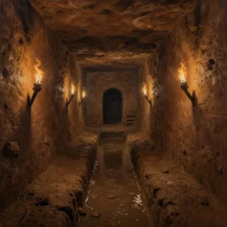 masterpiece painting of an incan dungeon small hallway covered with mud with small canal in the middle, dark, torchlight, by greg rutkowski and noah bradley, trending on artstation