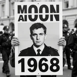 macron on a 1 9 6 8 protest poster, police, black and white