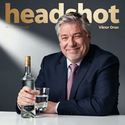 headshot magazine cover photo of viktor orban winking and drinking vodka by peter lindbergh, studio lighting