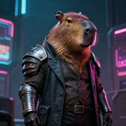 a capybara in a detective suit, dystopia core, apocalyptic, armor, warrior, dramatic, sharp focus, fiction, neon, fantasy, hyper detailed, digital art, trending in artstation, cinematic lighting