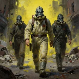 grim oil painting of gas masks and protective suits walking down a destroyed city street, poisoned deadly yellow gas, human remains, octane rendering, trending on artstation, studio ghibli, michael whealan and james gurney