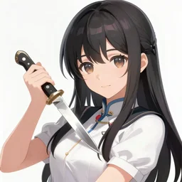 portrait of a cute beautiful girl holding a balisong knife to the camera, anime digital art,